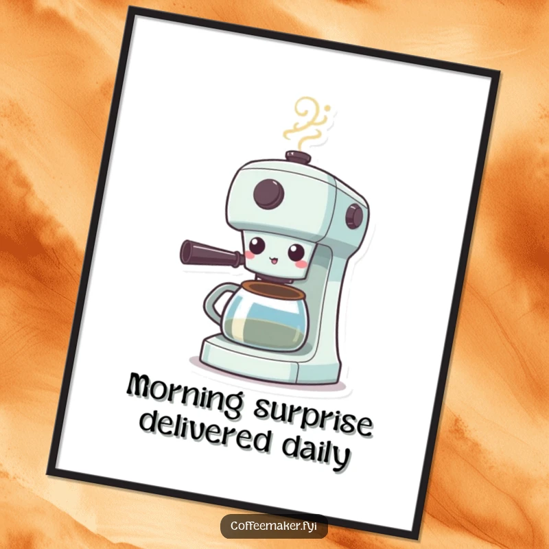 Funny free printable wall art: A coffee maker character with a comically surprised expression, steam vigorously puffing from its spout.