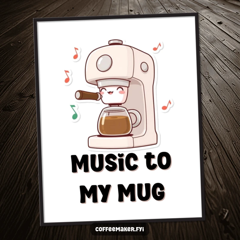 Funny free printable wall art: A coffee maker character animatedly jamming out with cheerful dancing musical notes filling the space.