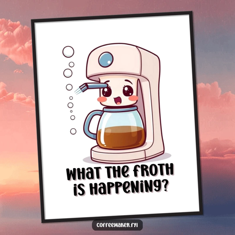 Funny Free Printable Wall Art: A coffee maker with a surprised expression sprays a delightful stream of bubbles from its spout.