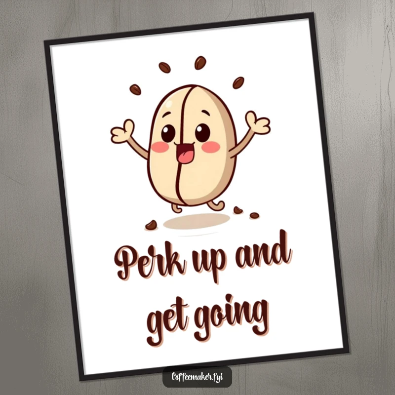 Funny Free Printable wall art of a cute, kawaii coffee bean character energetically bouncing with excitement.
