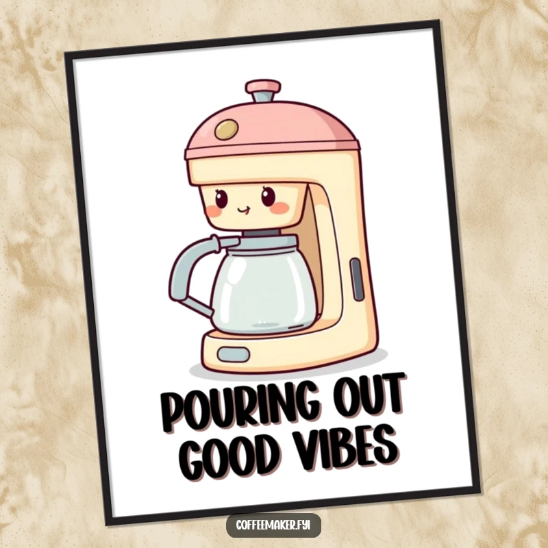 Funny free printable wall art: A coffee maker character with its spout dramatically extended, as if shouting a resounding cheer.