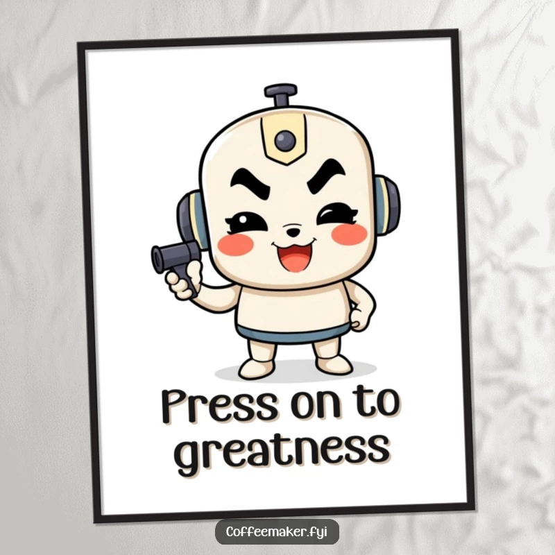 Funny Free Printable wall art of a happy French press character determinedly pumping, symbolizing strength and the art of coffee making.