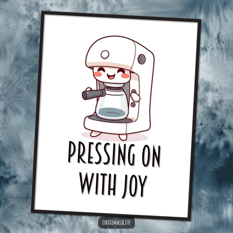 Funny Free Printable Wall Art: Happy kawaii coffee maker jigging with buttons pressed, downloadable art for a cheerful vibe.