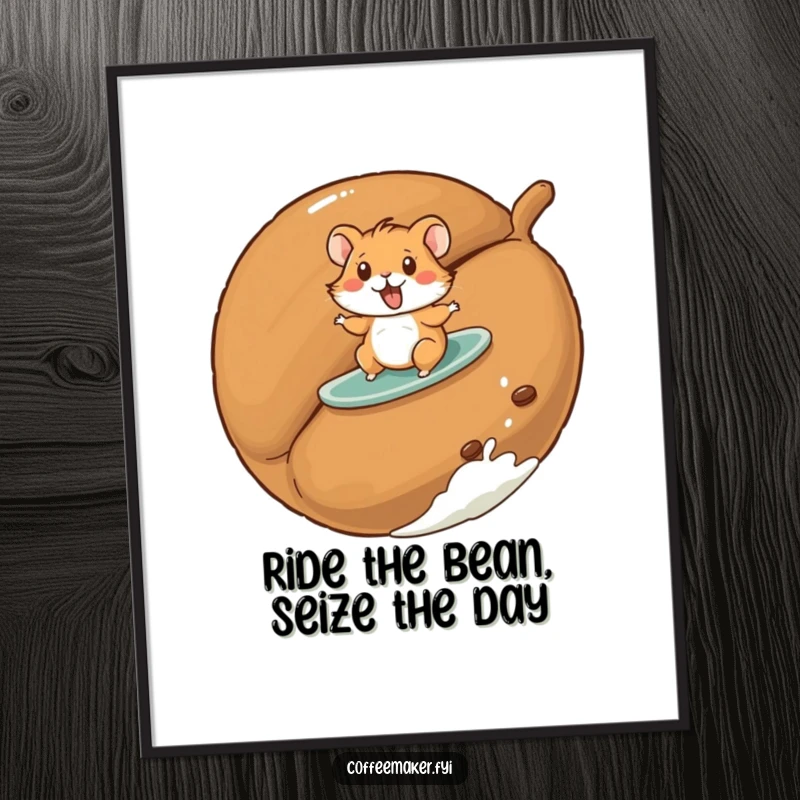 Funny Free Printable Wall Art: A playful hamster is captured mid-surf on a giant roasted coffee bean. Whimsical and fun decor.