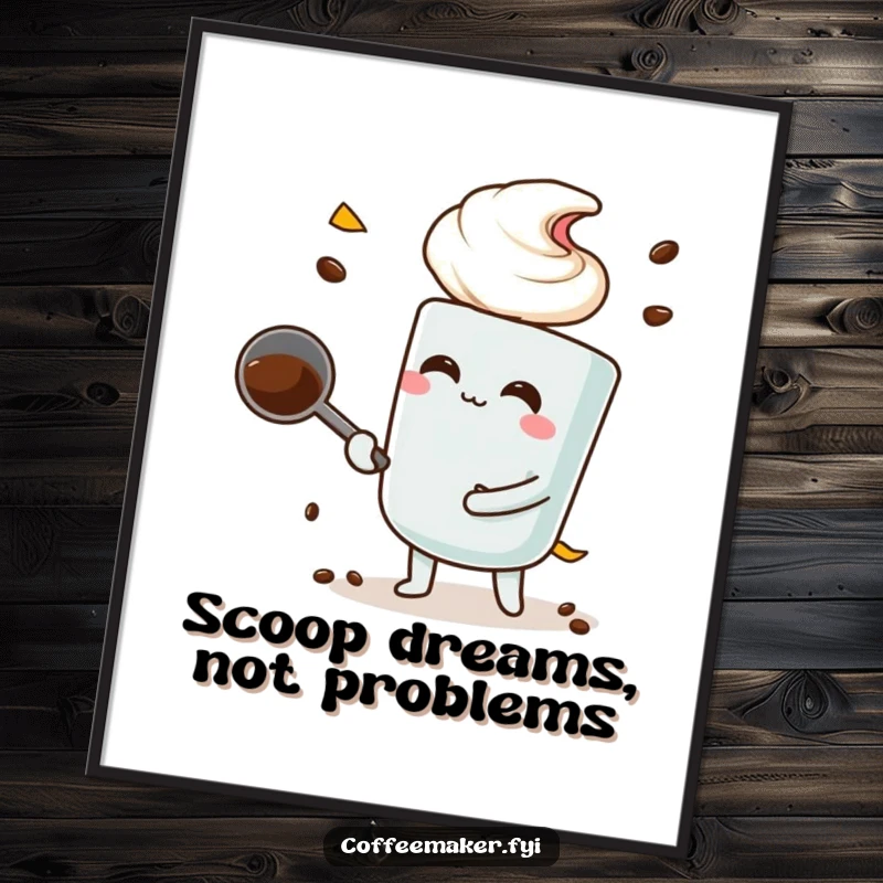 Funny Free Printable Wall Art of a coffee scoop character performing a comically large scoop, overflowing with personality.