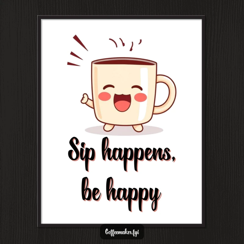 Funny Free Printable wall art of a kawaii coffee mug character emitting a joyful shout with visible sound waves, adding cheerful decor.