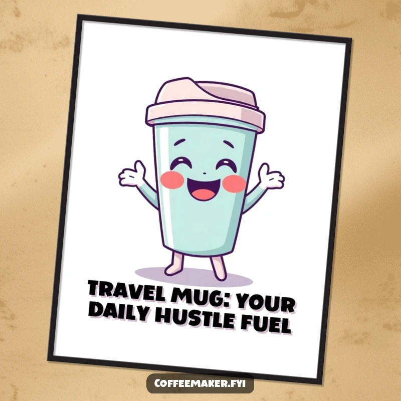 Funny Free Printable Wall Art: Giggling travel mug character doing a funny shimmy, bringing lively energy to the room.