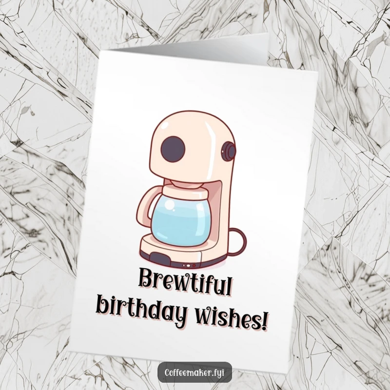 Funny Free Printable Birthday Card: A tiny coffee maker wiggling its power cord like a tail, full of playful energy, a downloadable delight.