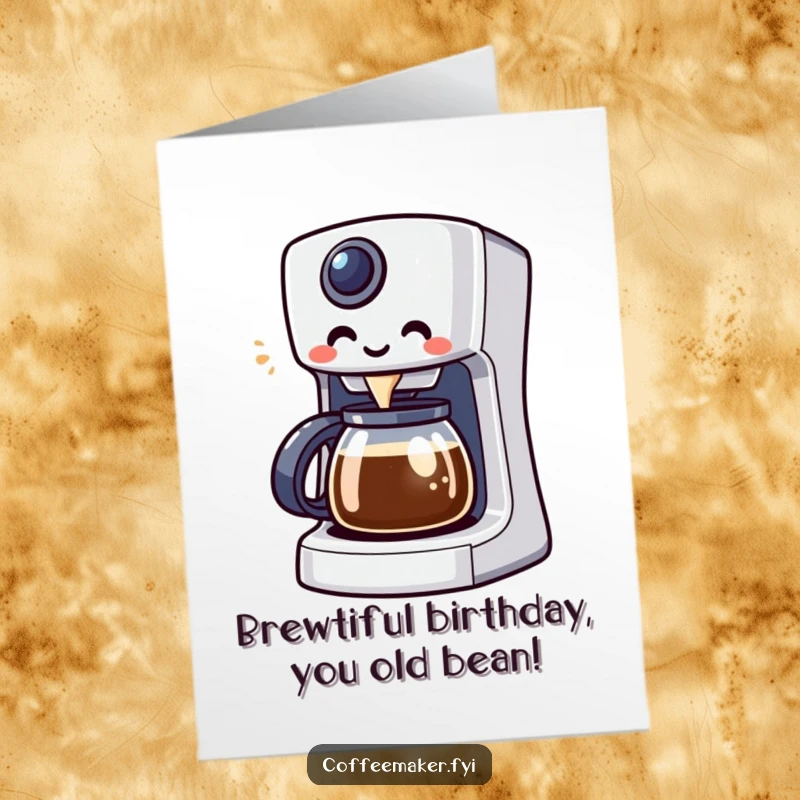 Funny Free Printable Birthday Card featuring a cute Kawaii coffee maker enthusiastically brewing a vibrant, bubbly beverage.