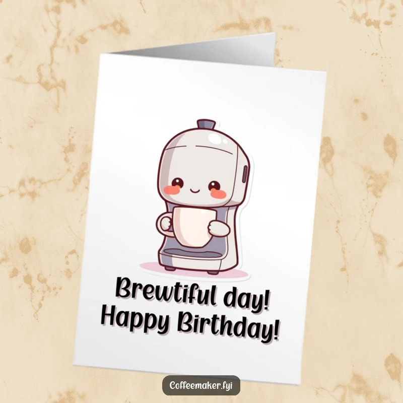 Funny Free Printable Birthday Card: Kawaii coffee maker proudly holds steaming cup, radiating joy. Perfect for coffee lovers.