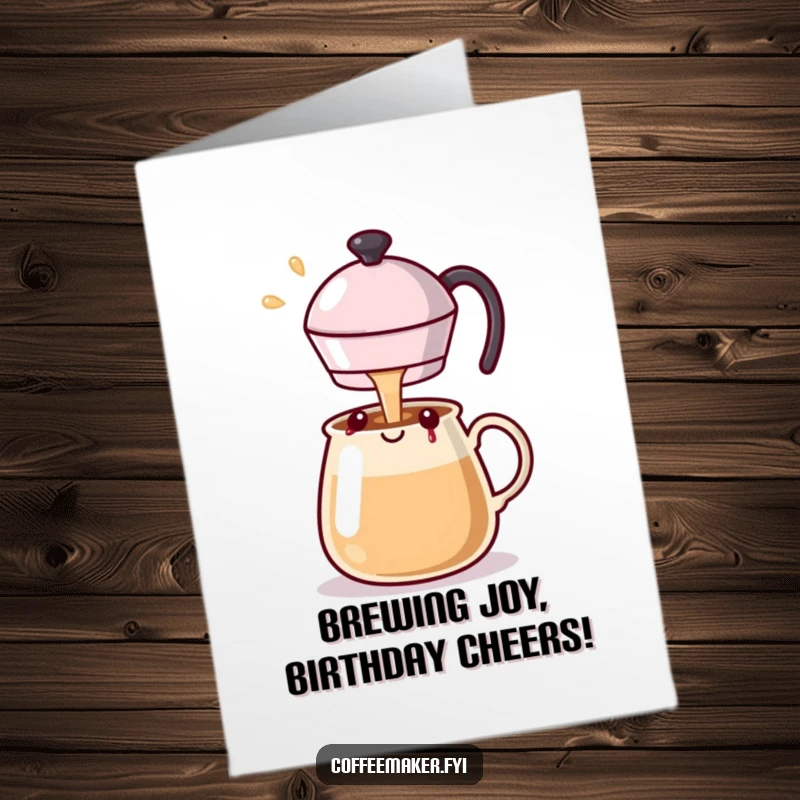 Funny Free Printable Birthday Card: Kawaii coffee pot joyfully pouring a stream of happiness, perfect for DIY gifts.