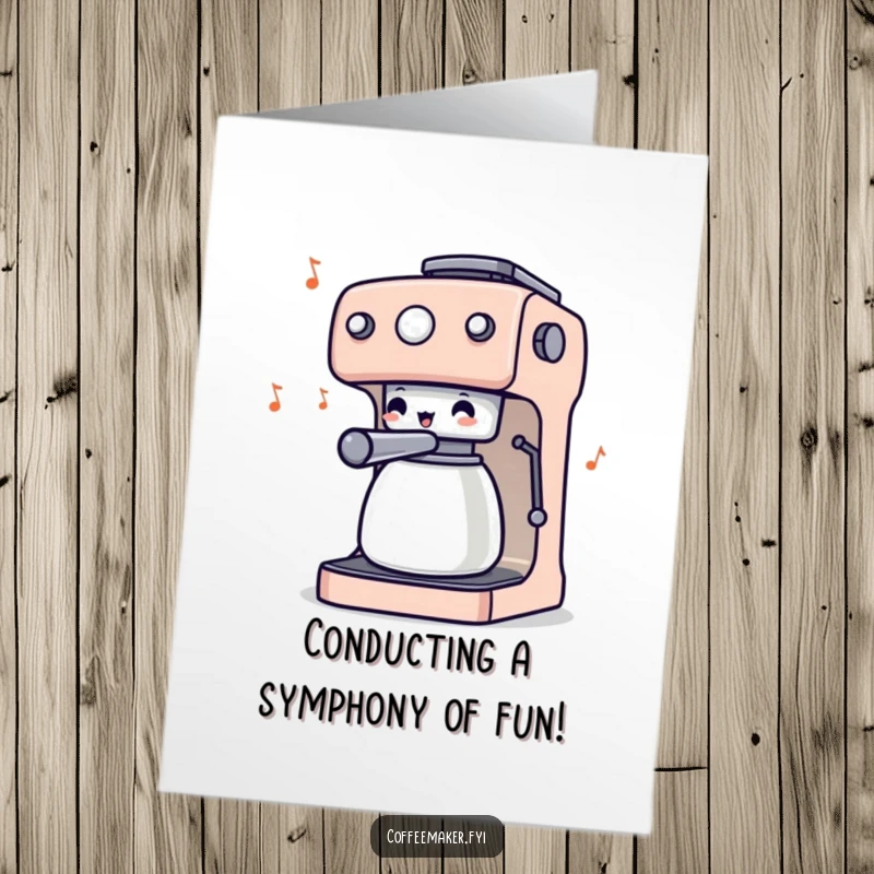 Funny Free Printable Birthday Card: Excited coffee maker with wiggling knobs conducting a musical masterpiece.