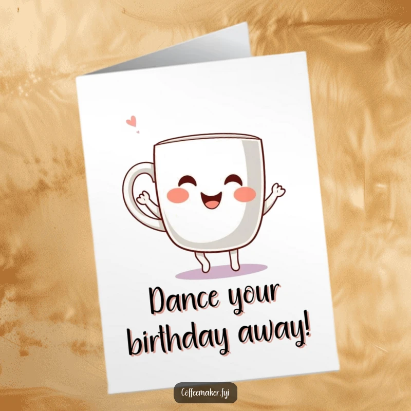 Funny Free Printable Birthday Card of a kawaii coffee mug joyfully dancing with happy motion lines.