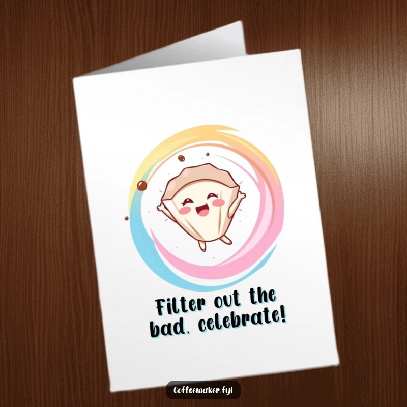 Funny Free Printable Birthday Card featuring a delighted coffee filter character joyfully floating in a colorful swirl.
