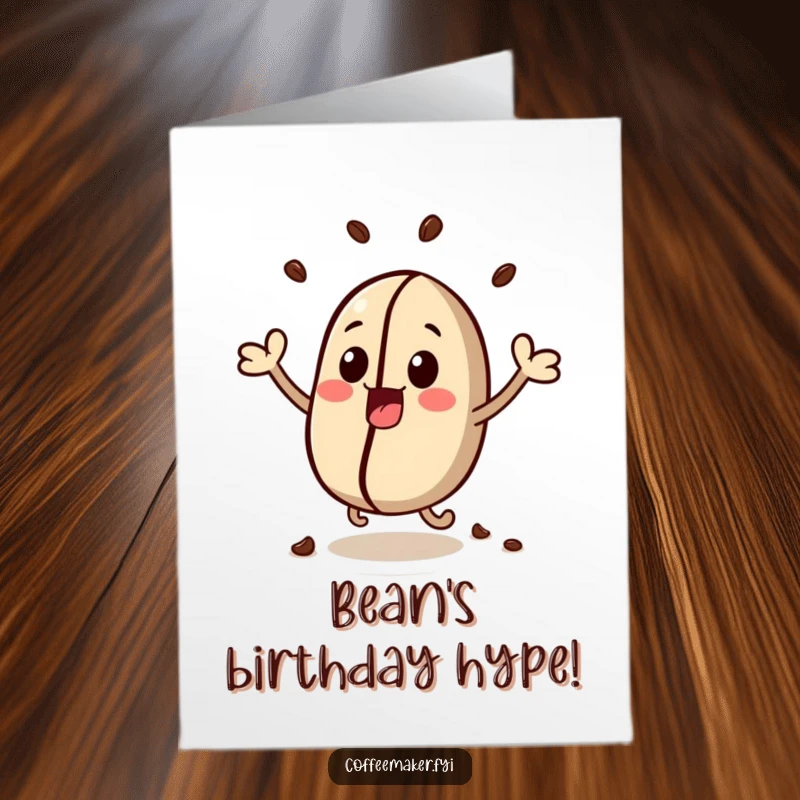 Funny Free Printable birthday card with a cute, kawaii coffee bean character joyfully bouncing with excitement.