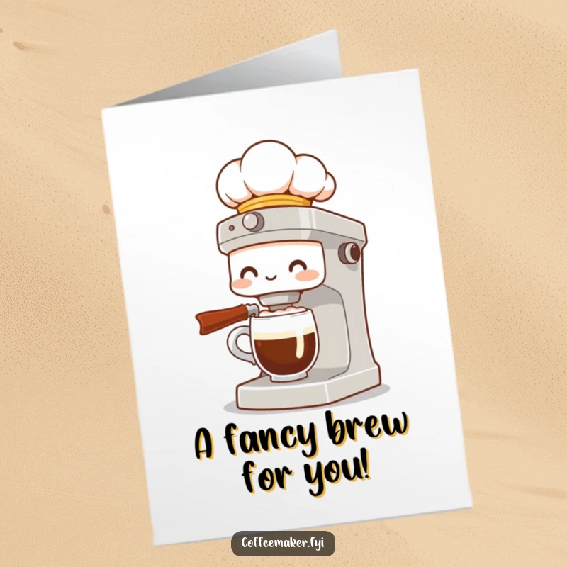 Funny Free Printable Birthday Card: Chef coffee maker character in a tiny hat presenting a fancy coffee with flair.