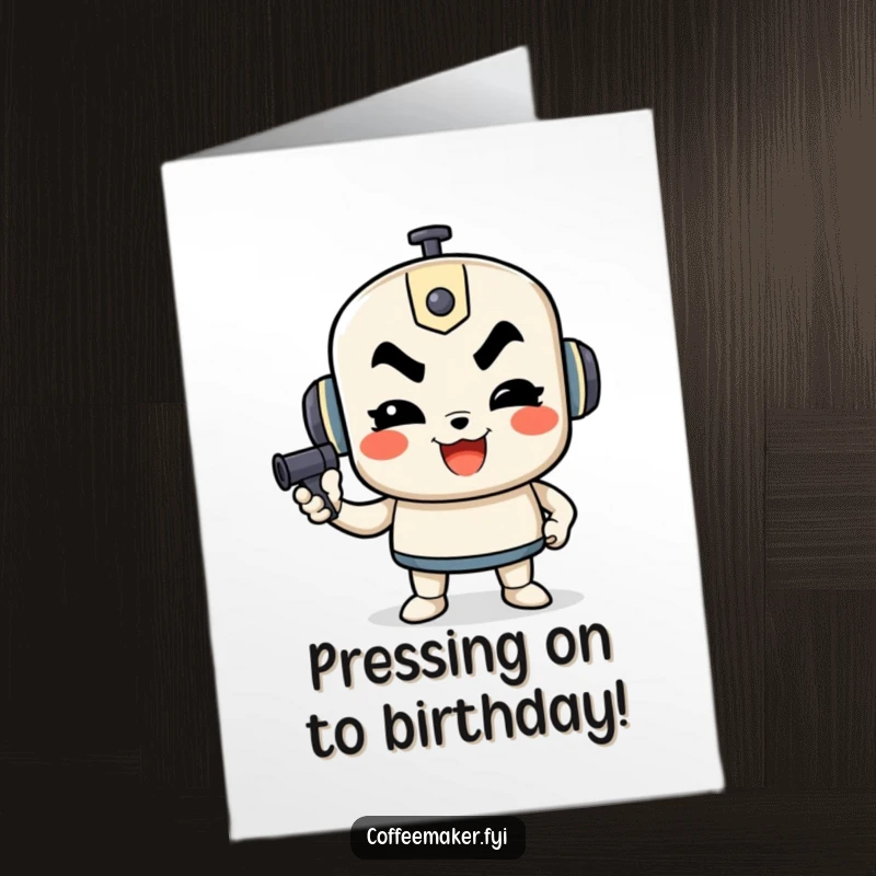 Funny Free Printable birthday card featuring a happy French press character with a determined expression, actively pumping, ready for celebration.