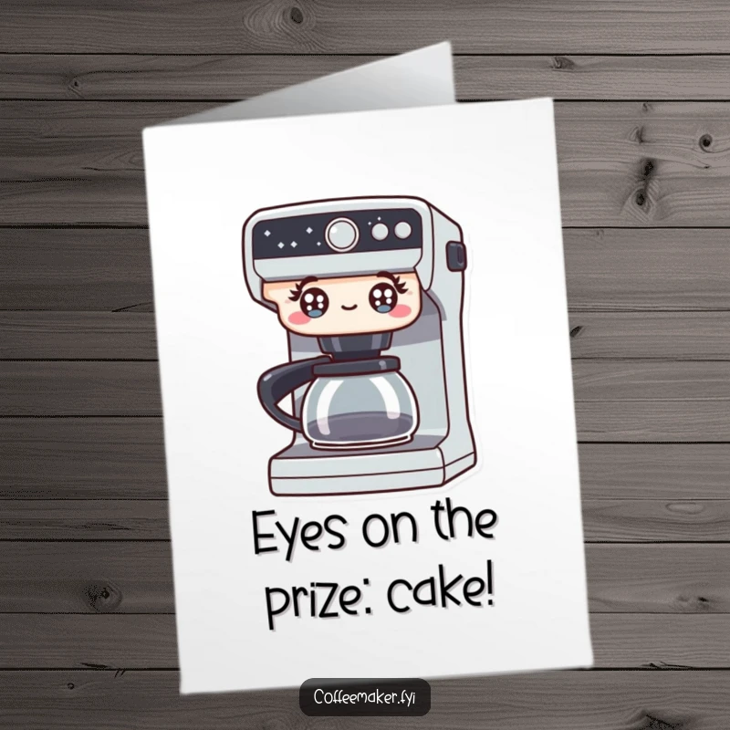Funny free printable birthday card. A coffee maker with wide, bright, excited eyes is ready to celebrate your special day.