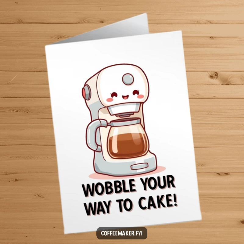 Funny free printable birthday card featuring a coffee maker doing a joyful, happy little wobble, ready to brew some birthday cheer.