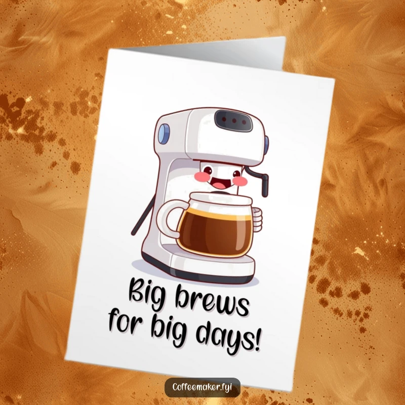 Funny free printable birthday card. A coffee maker with a huge grin serves an enormous mug, celebrating a big birthday.