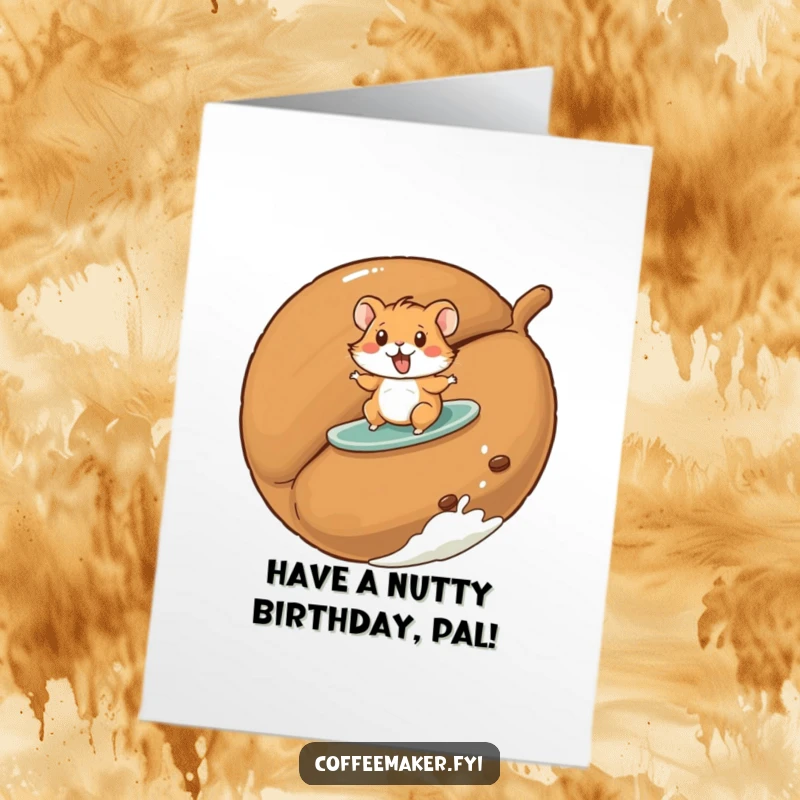 Funny Free Printable Birthday Card: A playful hamster attempts to surf on a giant roasted coffee bean. Happy birthday wish.
