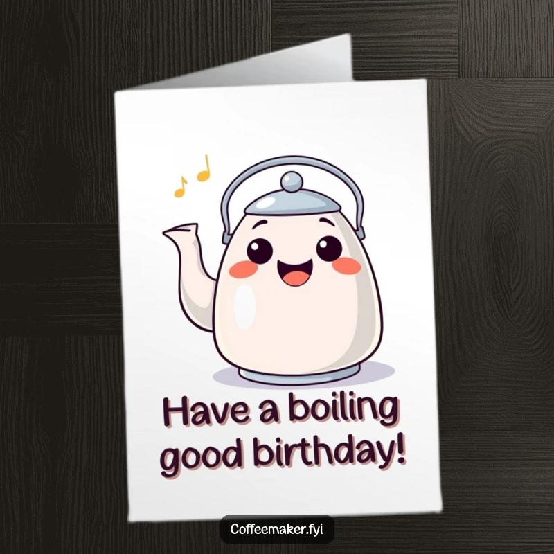 Funny Free Printable Birthday Card showing a happy kettle character with a wide grin, whistling a cheerful tune.