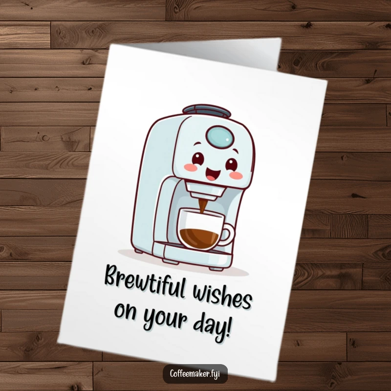 Funny Free Printable Birthday Card: A smiling coffee maker happily dispenses a stream of coffee, ready to party.
