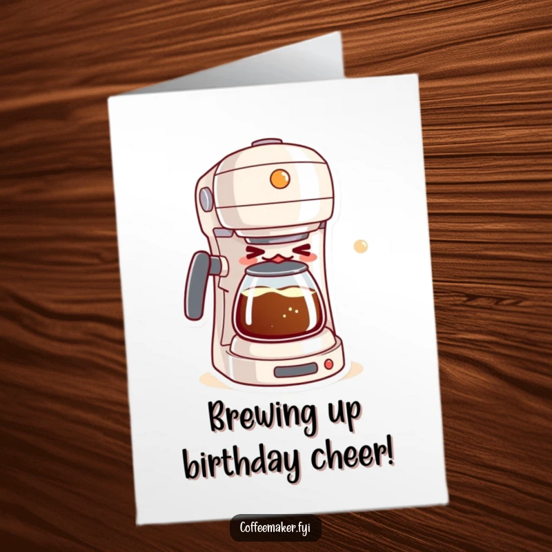 Funny Free Printable Birthday Card: Mischievous kawaii coffee maker winking with bubbly brew, perfect for a coffee lover.
