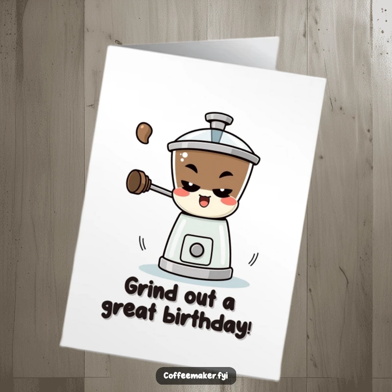 Funny Free Printable Birthday Card: A playful coffee grinder character spins rapidly with a mischievous look.