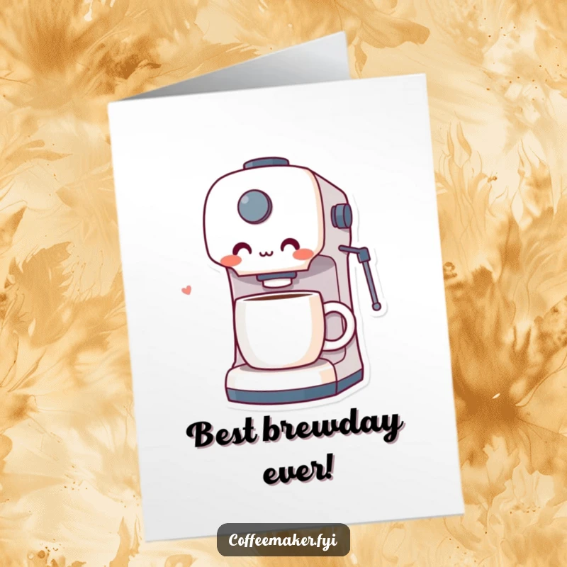 Funny Free Printable Birthday Card: Coffee maker character with wide eyes, looking happily surprised at a perfect cup.
