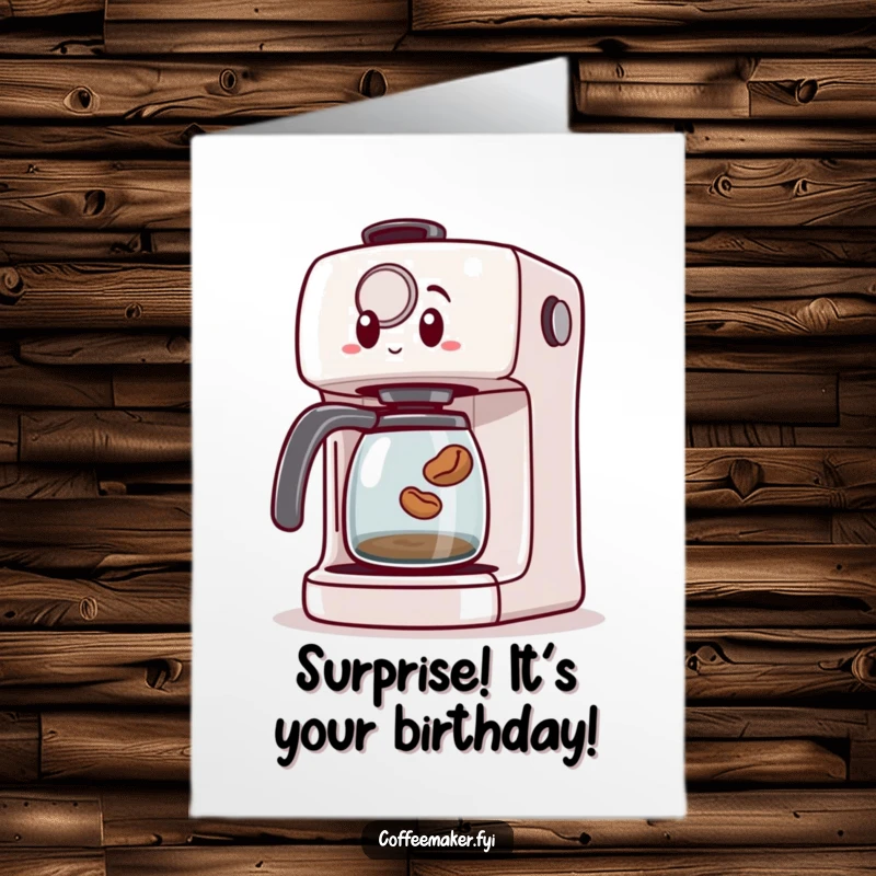 Funny Free Printable Birthday Card: A surprised coffee maker machine looks on as a tiny coffee bean jumps out.