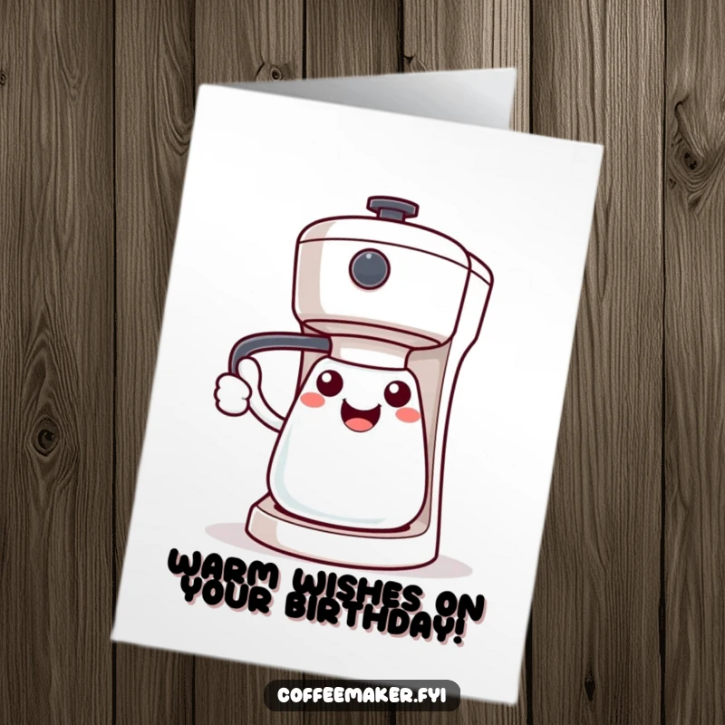 Funny Free Printable Birthday Card: Kawaii coffee maker extends its handle in a warm, welcoming gesture for your birthday.