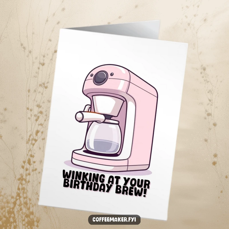 Funny Free Printable Birthday Card: Coffee maker machine playfully winking its light, a charming downloadable gift.