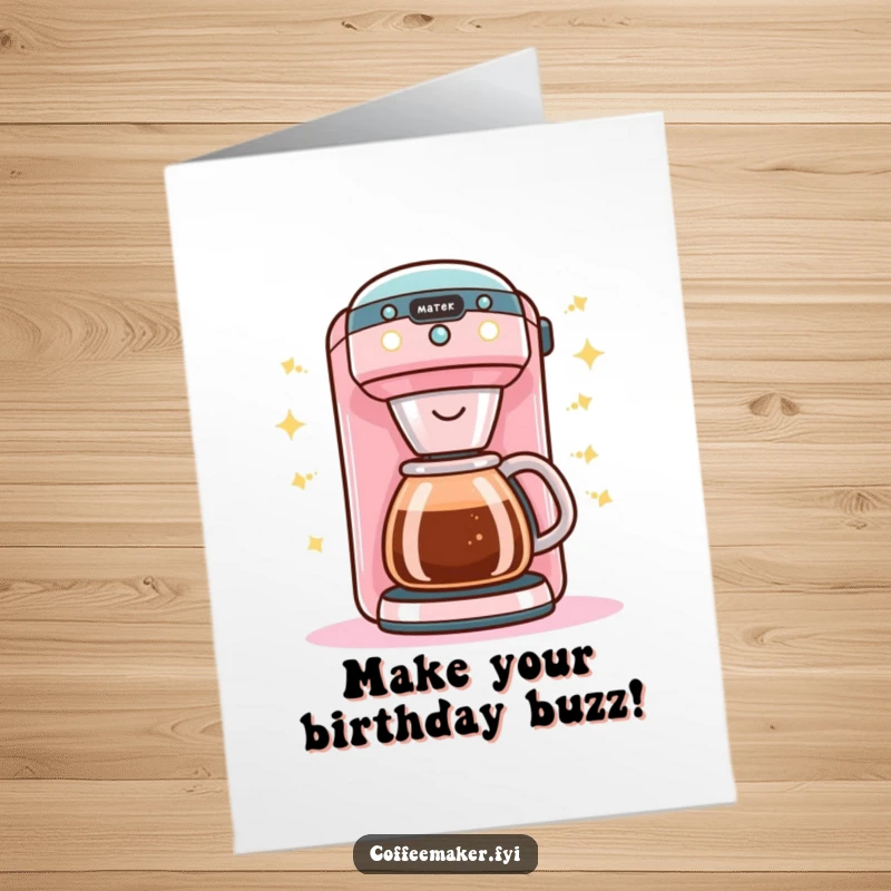 Funny Free Printable Birthday Card: A buzzing Kawaii coffee maker with bright, happy lights, perfect for DIY gifts.