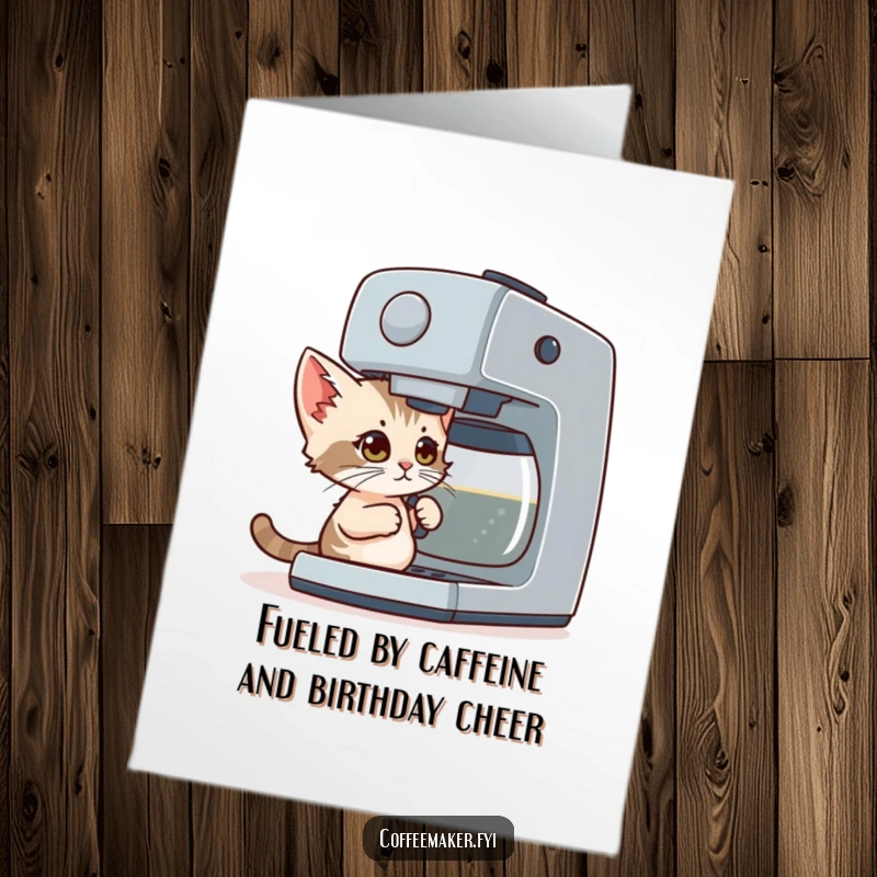 Funny Free Printable Birthday Card: Tiny kitten with wide eyes struggles to use a huge coffee maker, a relatable morning struggle.