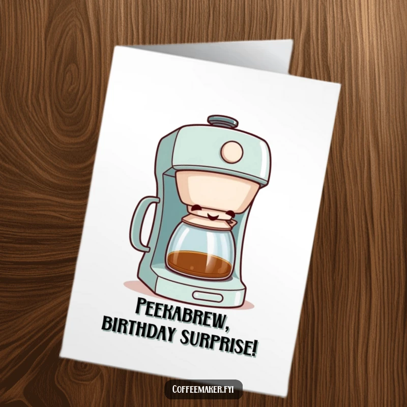 Free Printable Birthday Card: A coffee maker character peeking mischievously from its slightly ajar lid with a sly grin.