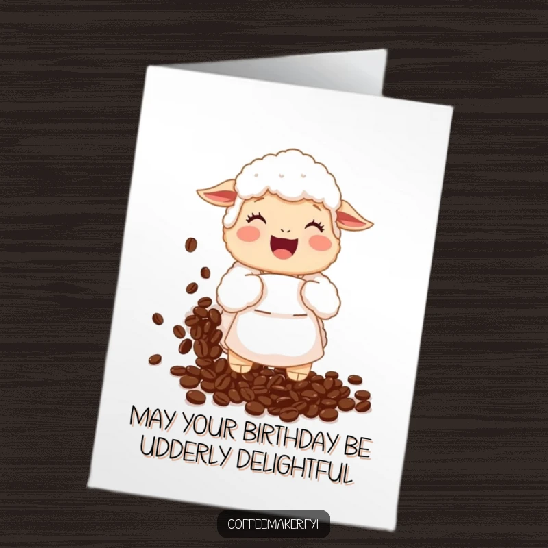 Funny Free Printable Birthday Card: Giggling sheep in an apron spills coffee beans everywhere, a chaotic but happy celebration.