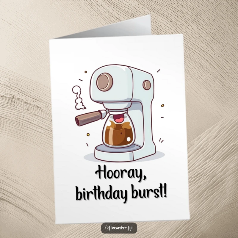 Free Printable Birthday Card: A coffee maker comically sputtering with excitement, steam erupting in playful bursts for a birthday.