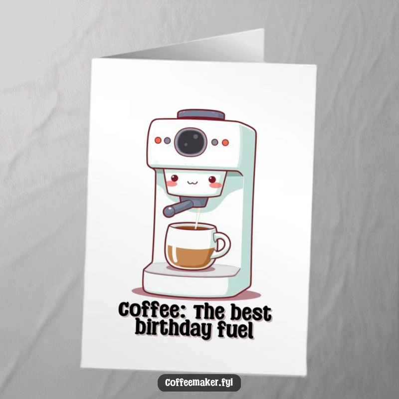 Funny free printable birthday card: A cute coffee maker machine beaming as it dispenses a stream of coffee, spreading cheer.