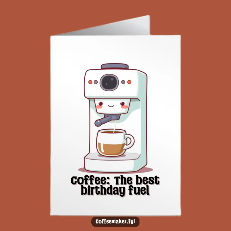 Funny Free Printable Birthday Card: Cute Coffee Maker Dispensing Joyful Brew Downloadable Gift