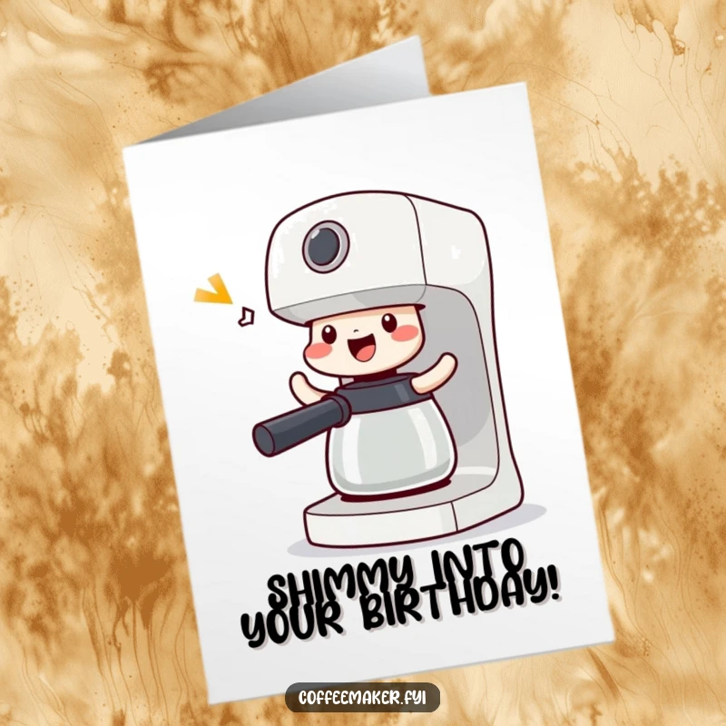Funny free printable birthday card: A coffee maker character performing a joyful victory shimmy, its spout wiggling with excitement.