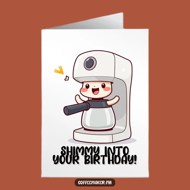 Funny Free Printable Birthday Card: Dancing Coffee Maker Shimmying Victory Downloadable Gift