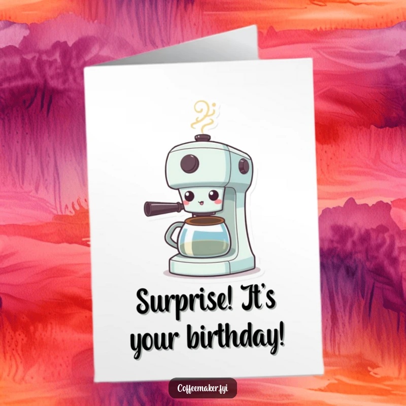Funny free printable birthday card: A coffee maker character with wide eyes and puffed cheeks, steam dramatically escaping its spout.