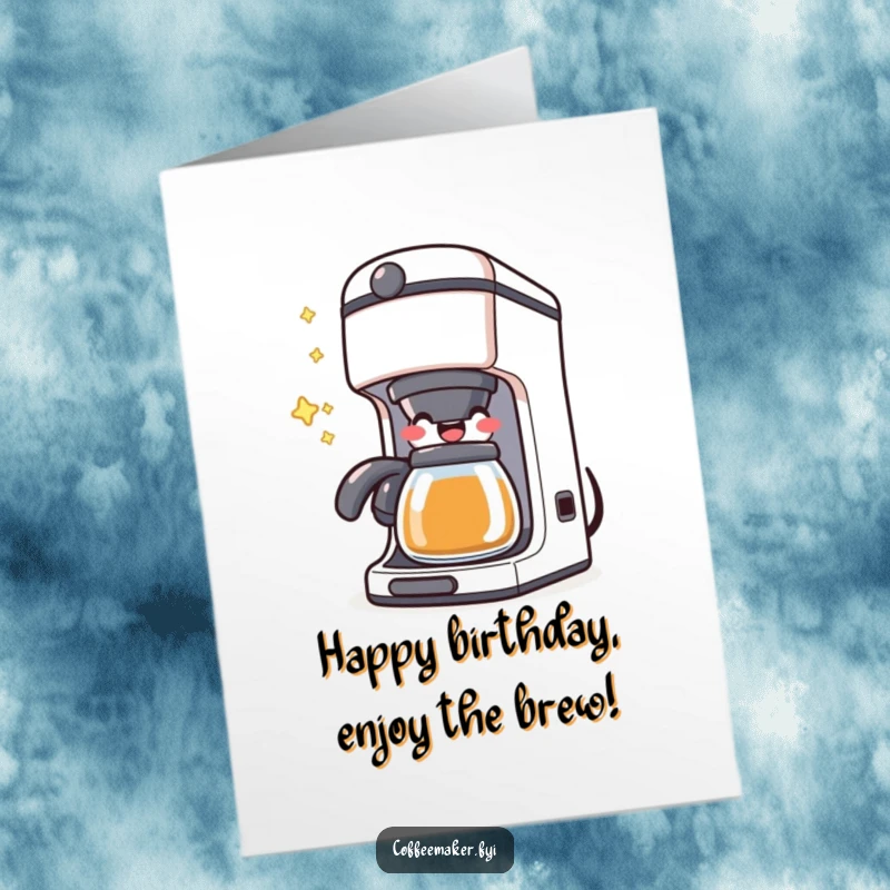 Funny Free Printable Happy Birthday Card featuring a kawaii coffee maker character happily bubbling with infectious joy.