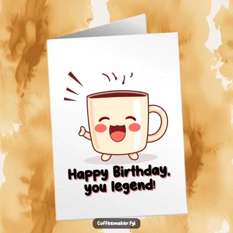 Funny Free Printable birthday card with a kawaii coffee mug character joyfully shouting, sound waves emanating, a vibrant celebration.