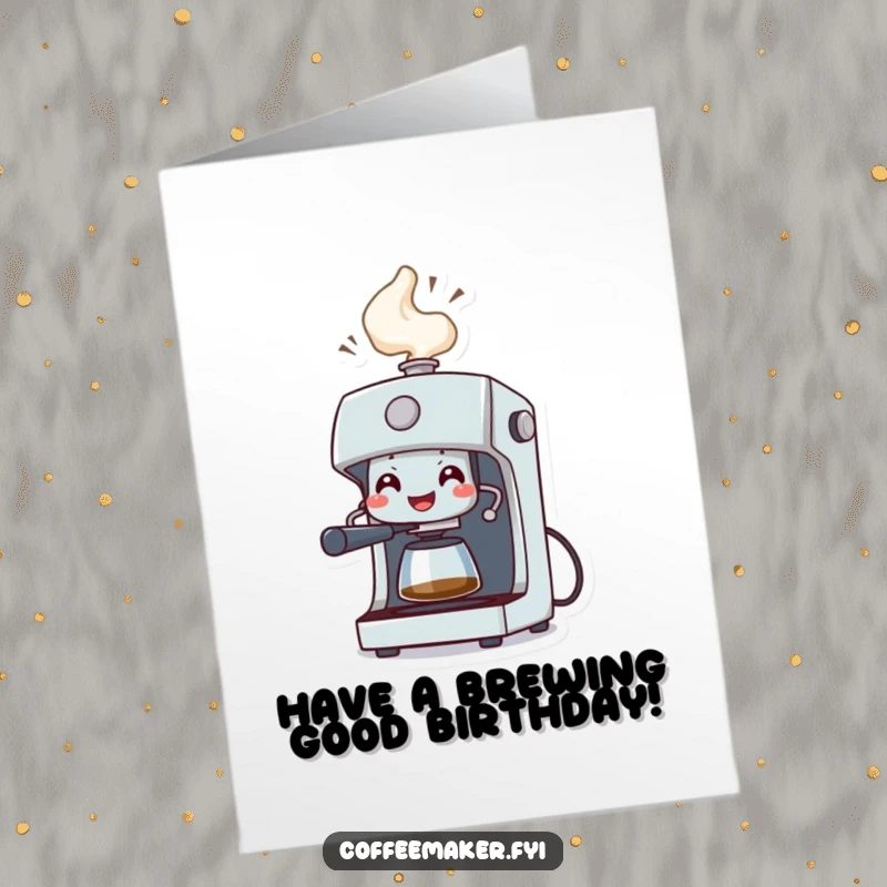 Funny Free Printable Birthday Card: A grinning coffee machine sprays a celebratory geyser of steam.