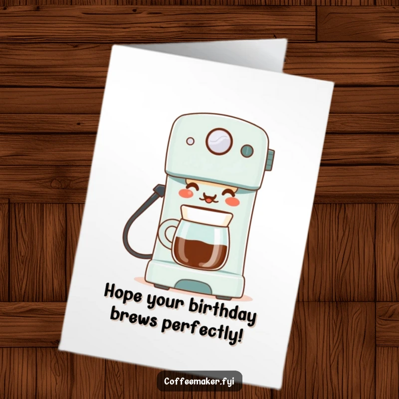Funny Free Printable Birthday Card: A coffee maker with a proud smile serving a perfect cup, celebrating with a delightful, downloadable message.