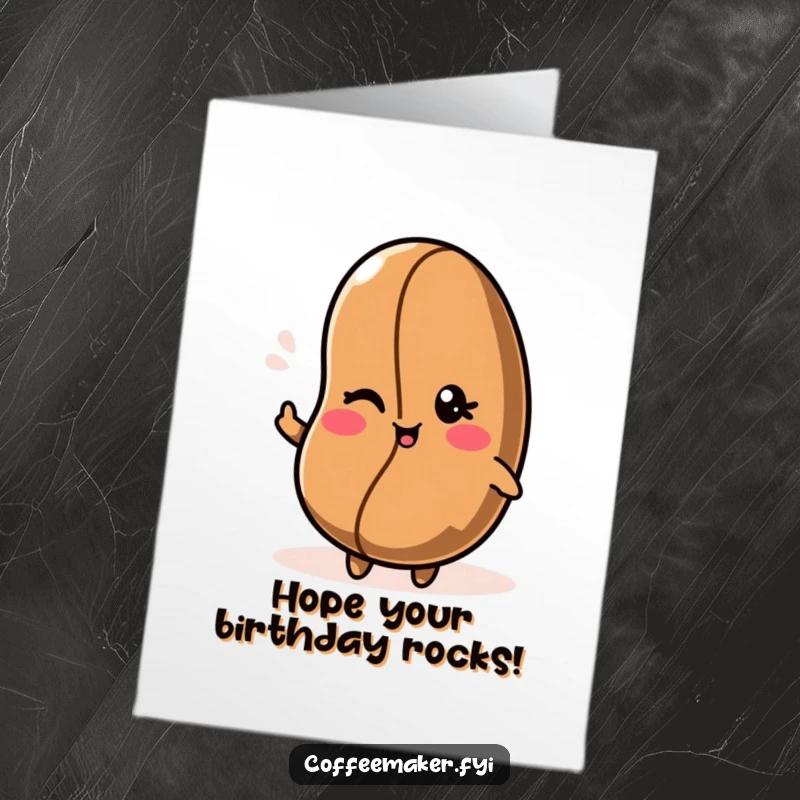 Funny Free Printable Birthday Card: Kawaii coffee bean character giving a mischievous wink, perfect for DIY gifts.