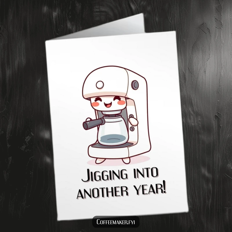 Funny Free Printable Birthday Card: Happy kawaii coffee maker jigging with buttons pressed, celebrating the birthday.
