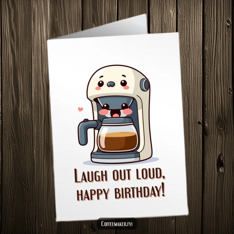 Funny Free Printable Happy Birthday Card of a surprised kawaii coffee maker character laughing heartily with its spout wide open.
